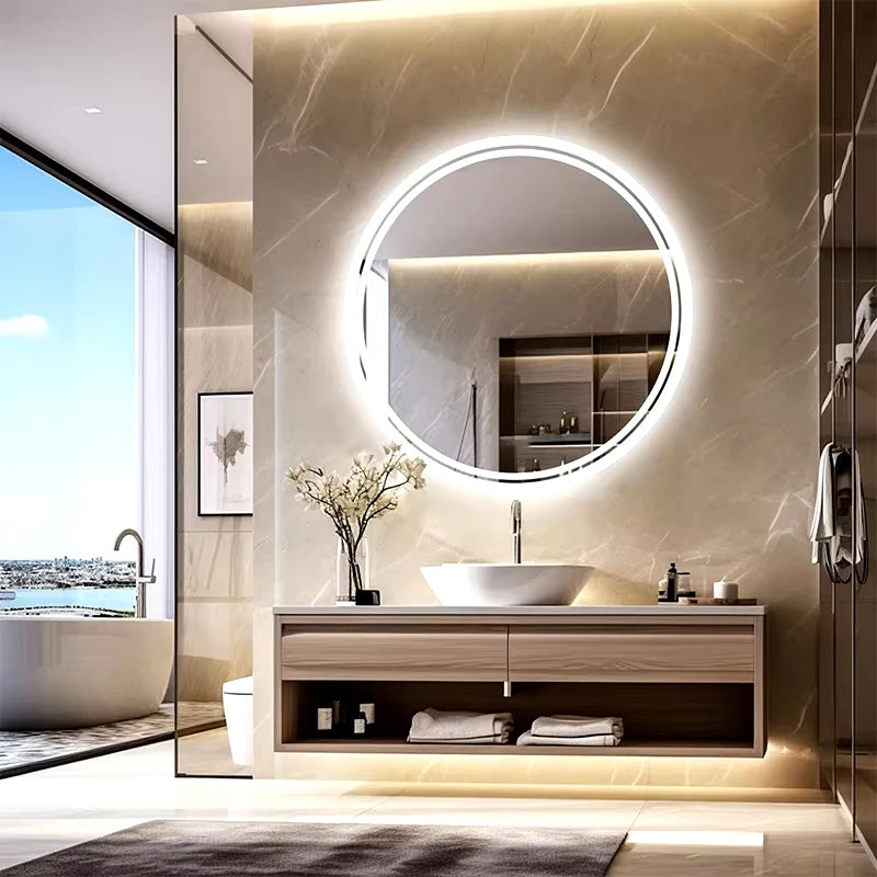 LED HD Smart Bathroom Mirror with Lights Circle Backlit Bathroom Mirror Wall Mounted Illuminated Mirror Advanced Bathroom Mirror