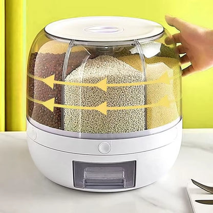360° Rotating 6-Grid Grain Dispenser, One-Touch Output Storage Container for Rice Grain Sealing and Moisture-Proof Organizer