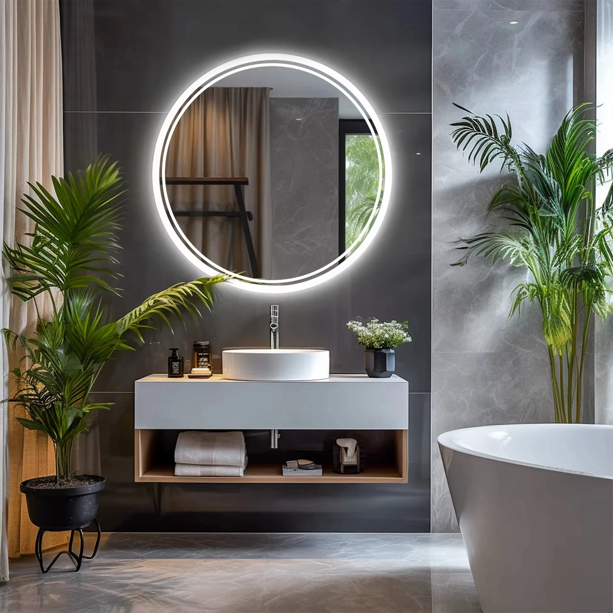 LED HD Smart Bathroom Mirror with Lights Circle Backlit Bathroom Mirror Wall Mounted Illuminated Mirror Advanced Bathroom Mirror
